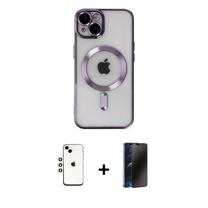 MARSİLYAN™- iPhone 14 Kılıf Nova Işık Özel Seri - Siyah 3D Antistatik Hayalet Cam Ekran Koruyucu + Shine Kamera Lens - GD