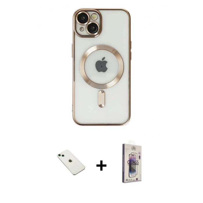 MARSİLYAN™- iPhone 14 Kılıf Nova Işık Özel Seri - Siyah Bilvis 3D Cam Ekran Koruyucu + Diamond Kamera Lens - YL