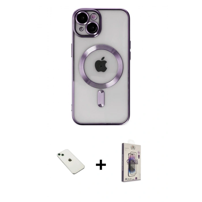 MARSİLYAN™- iPhone 14 Kılıf Nova Işık Özel Seri - Siyah Bilvis 3D Cam Ekran Koruyucu + Diamond Kamera Lens - YL
