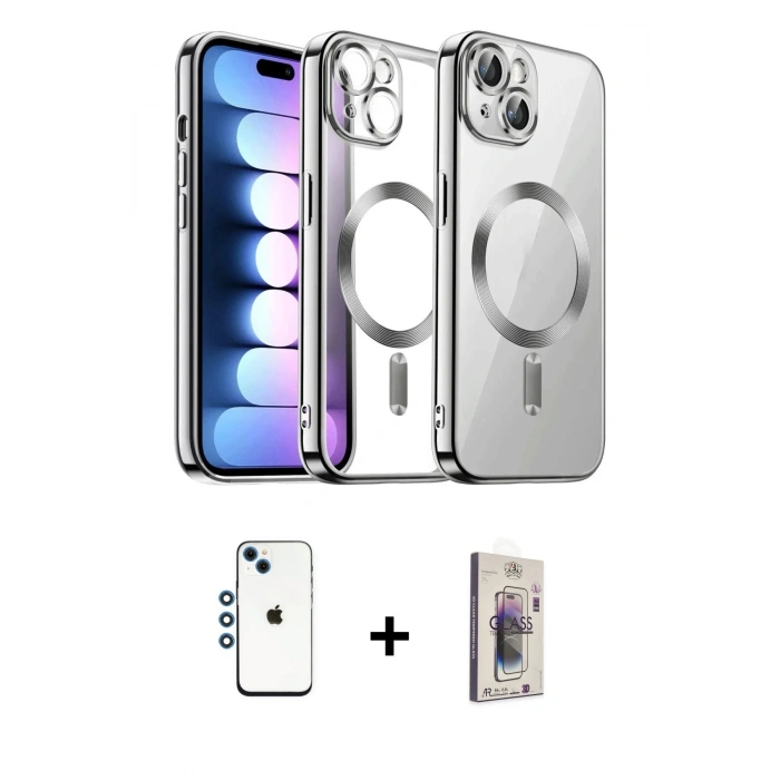 MARSİLYAN™- iPhone 14 Kılıf Nova Işık Özel Seri - Siyah Bilvis 3D Cam Ekran Koruyucu + Shine Kamera Lens - MI