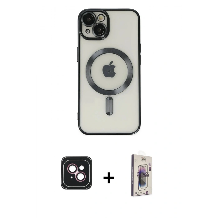 MARSİLYAN™- iPhone 14 Kılıf Nova Işık Özel Seri - Siyah Bilvis 3D Cam Ekran Koruyucu + PVD Metal Kamera Lens - PE