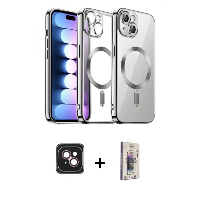 MARSİLYAN™- iPhone 14 Kılıf Nova Işık Özel Seri - Siyah Bilvis 3D Cam Ekran Koruyucu + PVD Metal Kamera Lens - PE