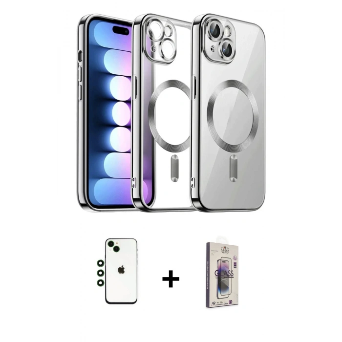 MARSİLYAN™- iPhone 14 Kılıf Nova Işık Özel Seri - Siyah Bilvis 3D Cam Ekran Koruyucu + Shine Kamera Lens - YL