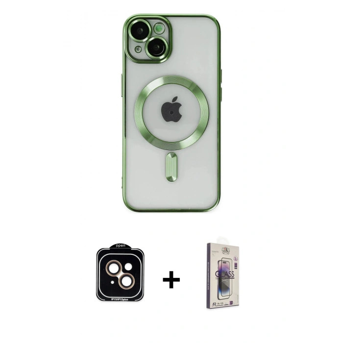 MARSİLYAN™- iPhone 14 Kılıf Nova Işık Özel Seri - Siyah Bilvis 3D Cam Ekran Koruyucu + PVD Metal Kamera Lens - TU