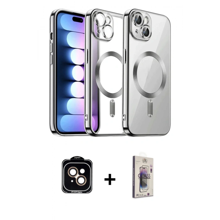 MARSİLYAN™- iPhone 14 Kılıf Nova Işık Özel Seri - Siyah Bilvis 3D Cam Ekran Koruyucu + PVD Metal Kamera Lens - TU