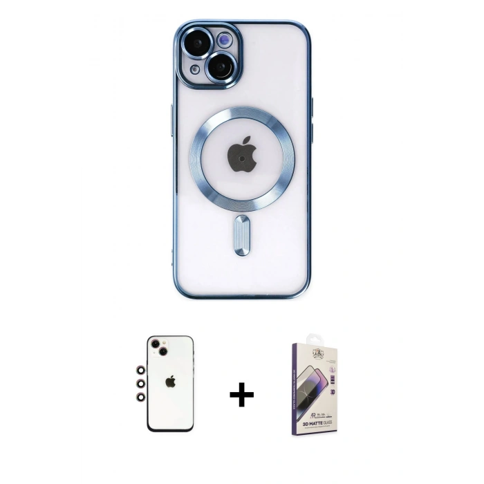 MARSİLYAN™- iPhone 14 Kılıf Nova Işık Özel Seri - Siyah Bilvis 3D Mat Cam Ekran Koruyucu + Shine Kamera Lens - GI