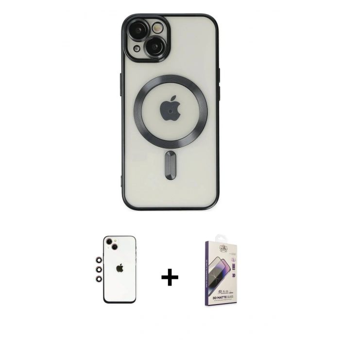 MARSİLYAN™- iPhone 14 Kılıf Nova Işık Özel Seri - Siyah Bilvis 3D Mat Cam Ekran Koruyucu + Shine Kamera Lens - GI