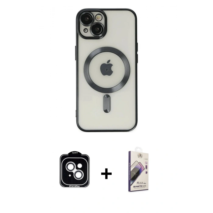 MARSİLYAN™- iPhone 14 Kılıf Nova Işık Özel Seri - Siyah Bilvis 3D Mat Cam Ekran Koruyucu + PVD Metal Kamera Lens - GS