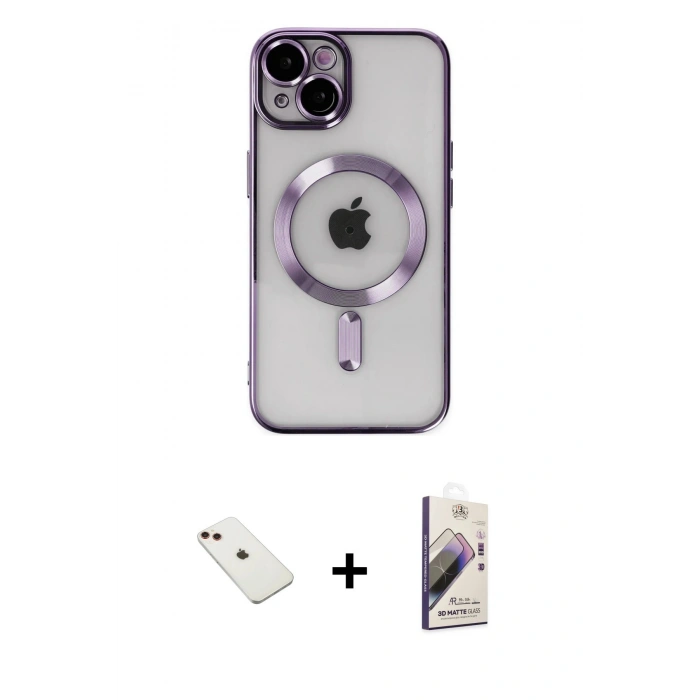 MARSİLYAN™- iPhone 14 Kılıf Nova Işık Özel Seri - Siyah Bilvis 3D Mat Cam Ekran Koruyucu + Kırmızı Diamond Kamera Lens