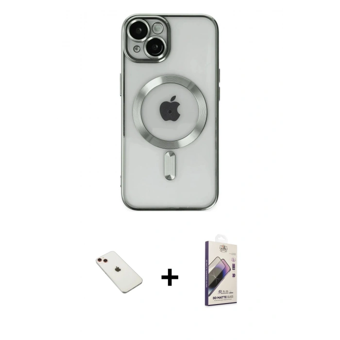 MARSİLYAN™- iPhone 14 Kılıf Nova Işık Özel Seri - Siyah Bilvis 3D Mat Cam Ekran Koruyucu + Kırmızı Diamond Kamera Lens