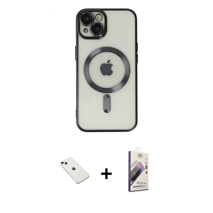 MARSİLYAN™- iPhone 14 Kılıf Nova Işık Özel Seri - Siyah Bilvis 3D Mat Cam Ekran Koruyucu + Kırmızı Diamond Kamera Lens