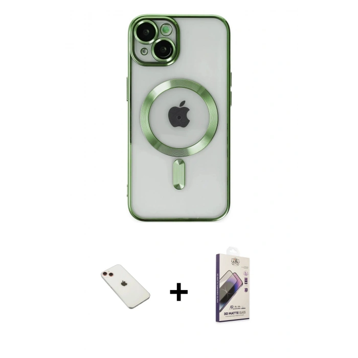 MARSİLYAN™- iPhone 14 Kılıf Nova Işık Özel Seri - Siyah Bilvis 3D Mat Cam Ekran Koruyucu + Kırmızı Diamond Kamera Lens