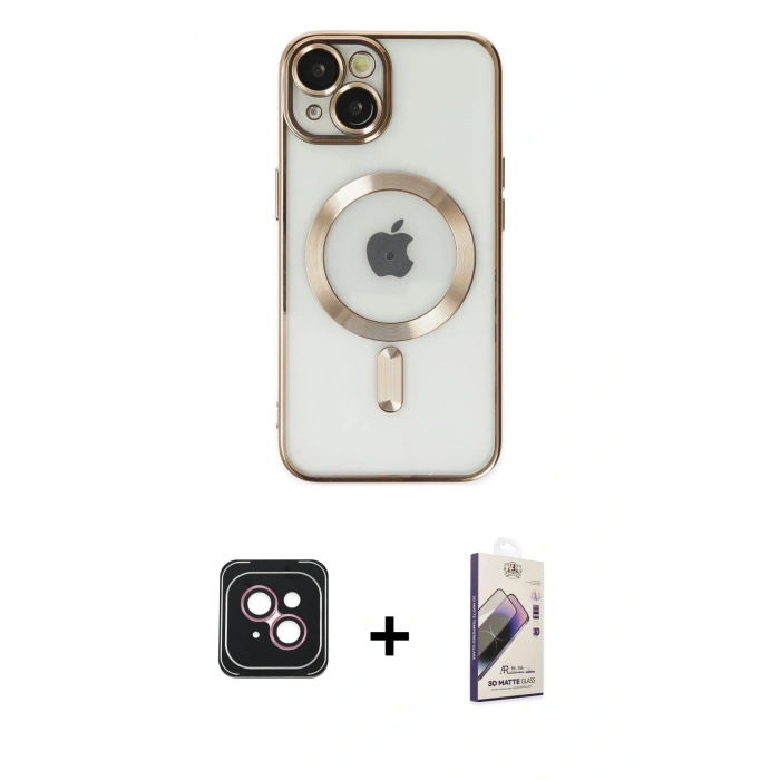 MARSİLYAN™- iPhone 14 Kılıf Nova Işık Özel Seri - Siyah Bilvis 3D Mat Cam Ekran Koruyucu + Pembe PVD Metal Kamera Lens