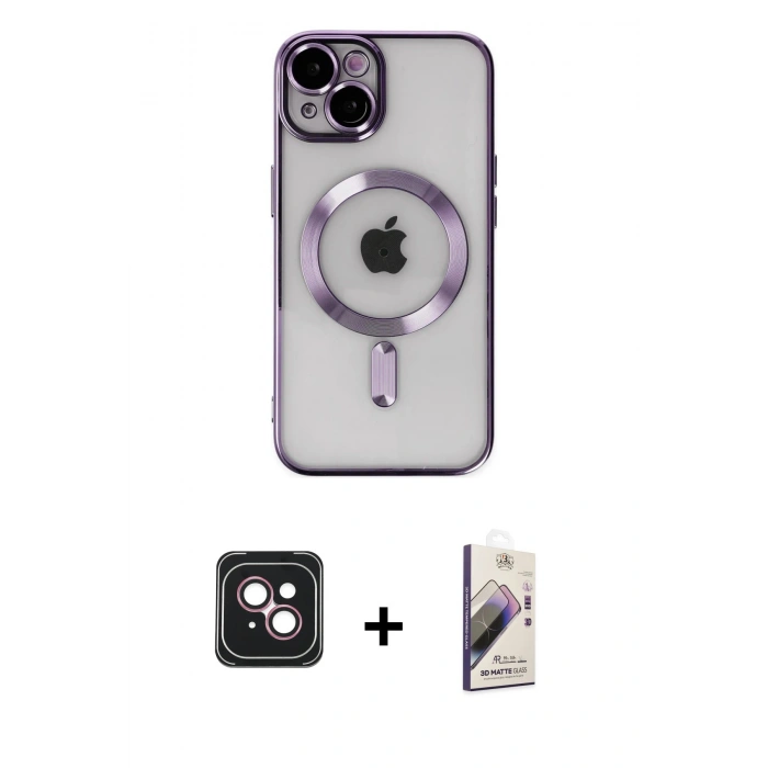 MARSİLYAN™- iPhone 14 Kılıf Nova Işık Özel Seri - Siyah Bilvis 3D Mat Cam Ekran Koruyucu + Pembe PVD Metal Kamera Lens