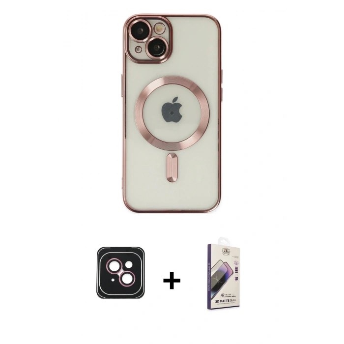 MARSİLYAN™- iPhone 14 Kılıf Nova Işık Özel Seri - Siyah Bilvis 3D Mat Cam Ekran Koruyucu + PVD Metal Kamera Lens - PE