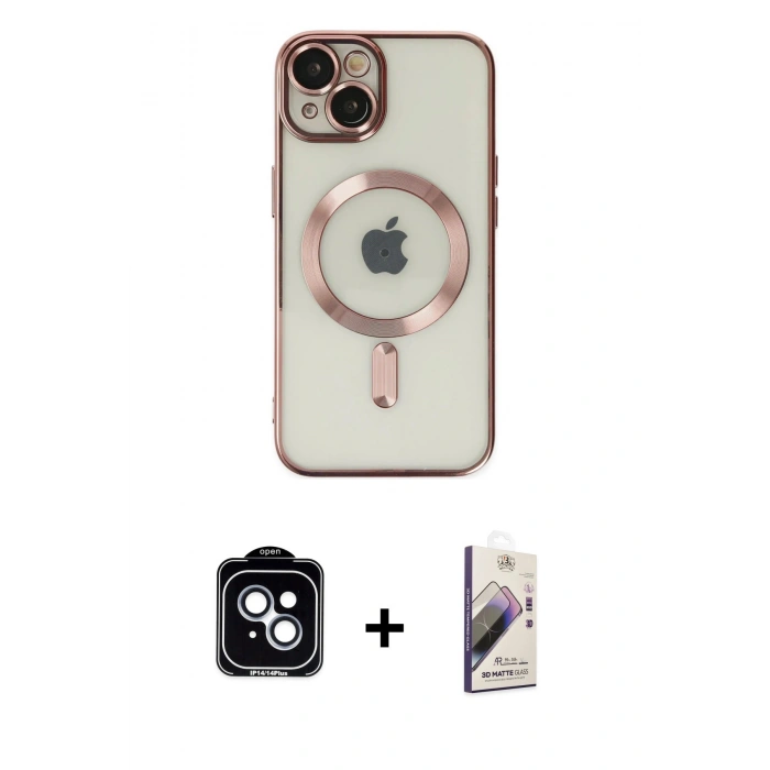 MARSİLYAN™- iPhone 14 Kılıf Nova Işık Özel Seri - Siyah Bilvis 3D Mat Cam Ekran Koruyucu + PVD Metal Kamera Lens - MI