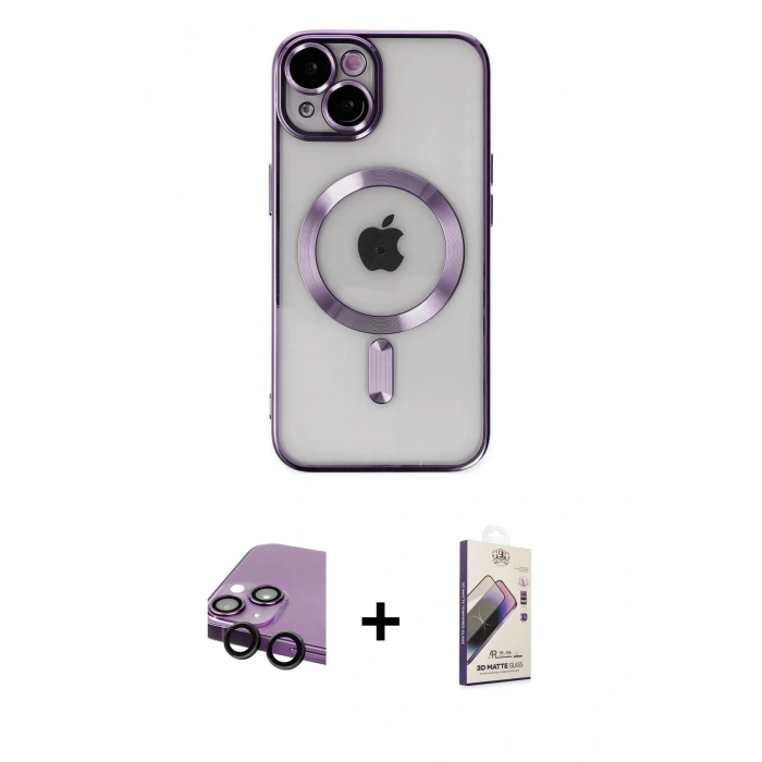 MARSİLYAN™- iPhone 14 Kılıf Nova Işık Özel Seri - Siyah Bilvis 3D Mat Cam Ekran Koruyucu + Raze Metal Kamera Lens - SH