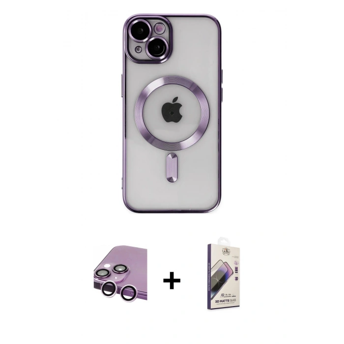 MARSİLYAN™- iPhone 14 Kılıf Nova Işık Özel Seri - Siyah Bilvis 3D Mat Cam Ekran Koruyucu + Raze Metal Kamera Lens - MR