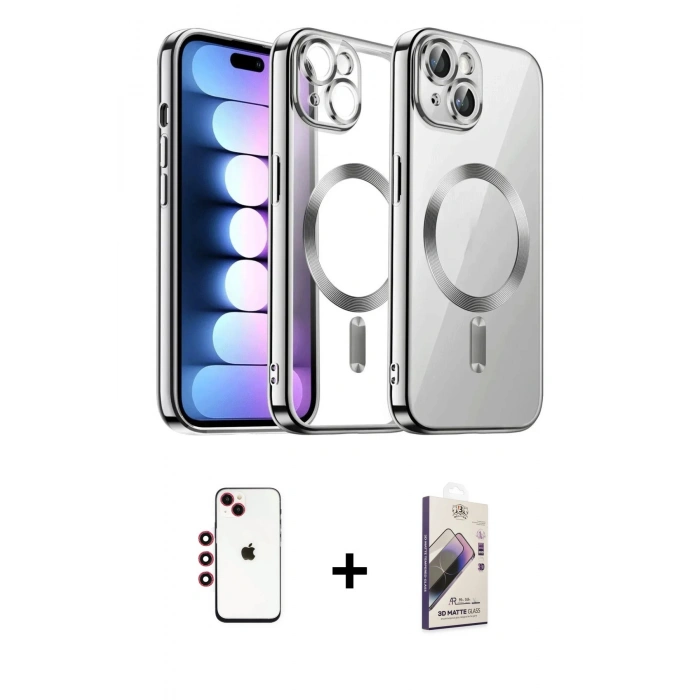 MARSİLYAN™- iPhone 14 Kılıf Nova Işık Özel Seri - Siyah Bilvis 3D Mat Cam Ekran Koruyucu + Shine Kamera Lens - KI