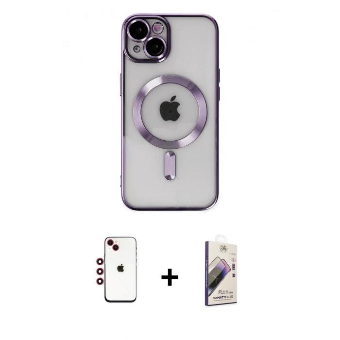 MARSİLYAN™- iPhone 14 Kılıf Nova Işık Özel Seri - Siyah Bilvis 3D Mat Cam Ekran Koruyucu + Shine Kamera Lens - KI