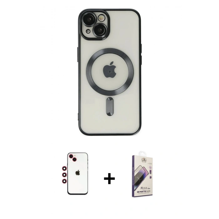 MARSİLYAN™- iPhone 14 Kılıf Nova Işık Özel Seri - Siyah Bilvis 3D Mat Cam Ekran Koruyucu + Shine Kamera Lens - KI