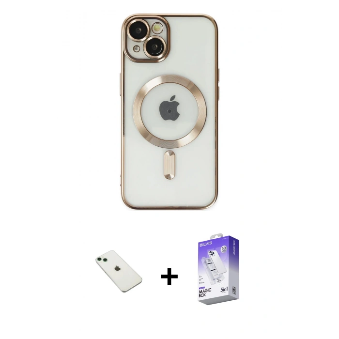MARSİLYAN™- iPhone 14 Kılıf Nova Işık Özel Seri - Siyah Bilvis 5in1 3D Magic Cam Ekran Koruyucu + Diamond Kamera Lens - YL