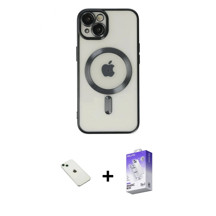 MARSİLYAN™- iPhone 14 Kılıf Nova Işık Özel Seri - Siyah Bilvis 5in1 3D Magic Cam Ekran Koruyucu + Diamond Kamera Lens - YL