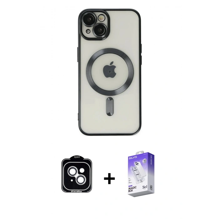 MARSİLYAN™- iPhone 14 Kılıf Nova Işık Özel Seri - Siyah Bilvis 5in1 3D Magic Cam Ekran Koruyucu + PVD Metal Kamera Lens - GS