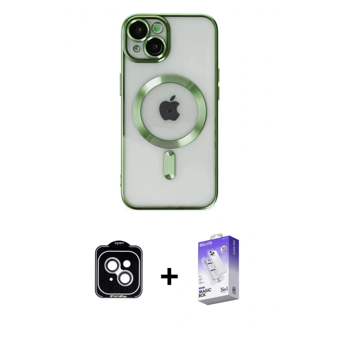 MARSİLYAN™- iPhone 14 Kılıf Nova Işık Özel Seri - Siyah Bilvis 5in1 3D Magic Cam Ekran Koruyucu + PVD Metal Kamera Lens - GS