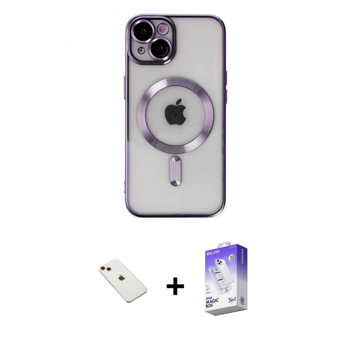 MARSİLYAN™- iPhone 14 Kılıf Nova Işık Özel Seri - Siyah Bilvis 5in1 3D Magic Cam Ekran Koruyucu + Diamond Kamera Lens - KI