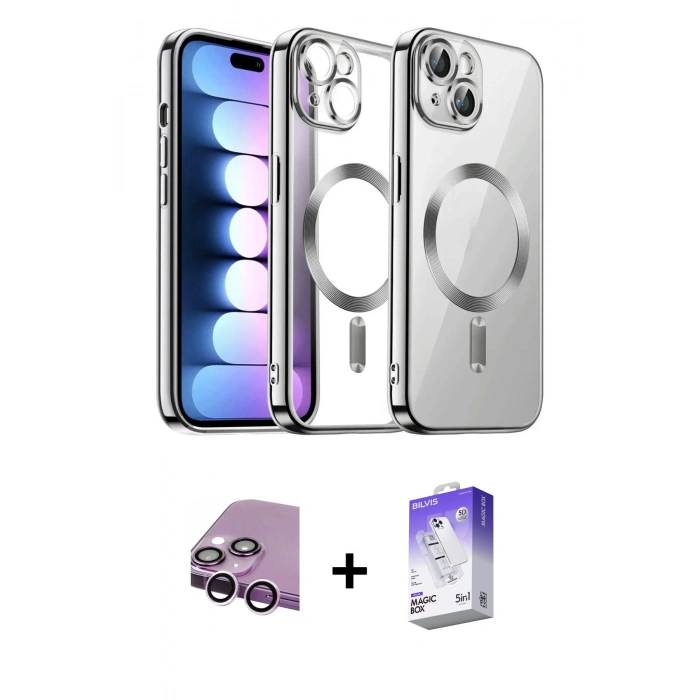 MARSİLYAN™- iPhone 14 Kılıf Nova Işık Özel Seri - Siyah Bilvis 5in1 3D Magic Cam Ekran Koruyucu + Raze Metal Kamera Lens - MR