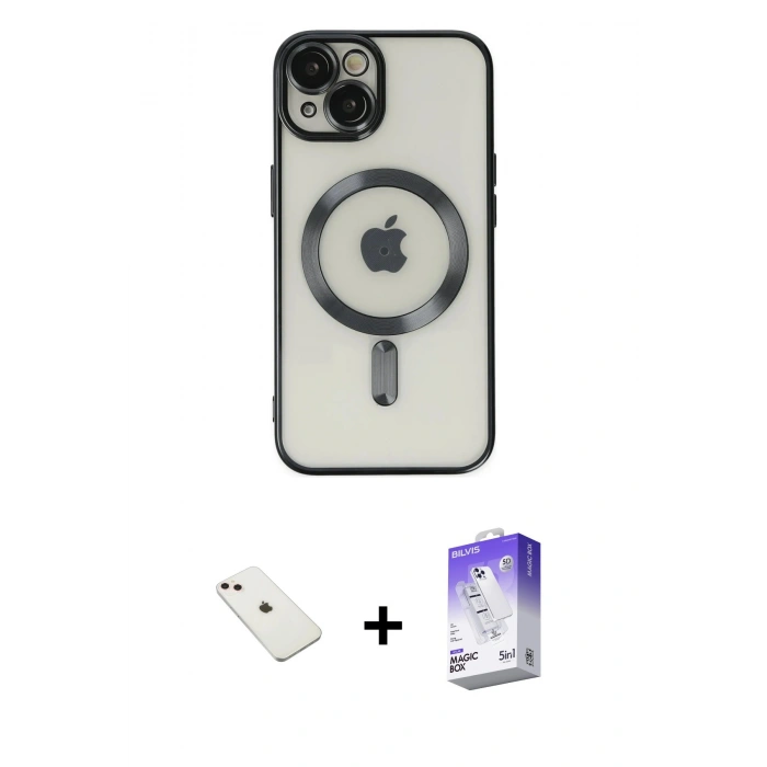 MARSİLYAN™- iPhone 14 Kılıf Nova Işık Özel Seri - Siyah Bilvis 5in1 3D Magic Cam Ekran Koruyucu + Diamond Kamera Lens - PE