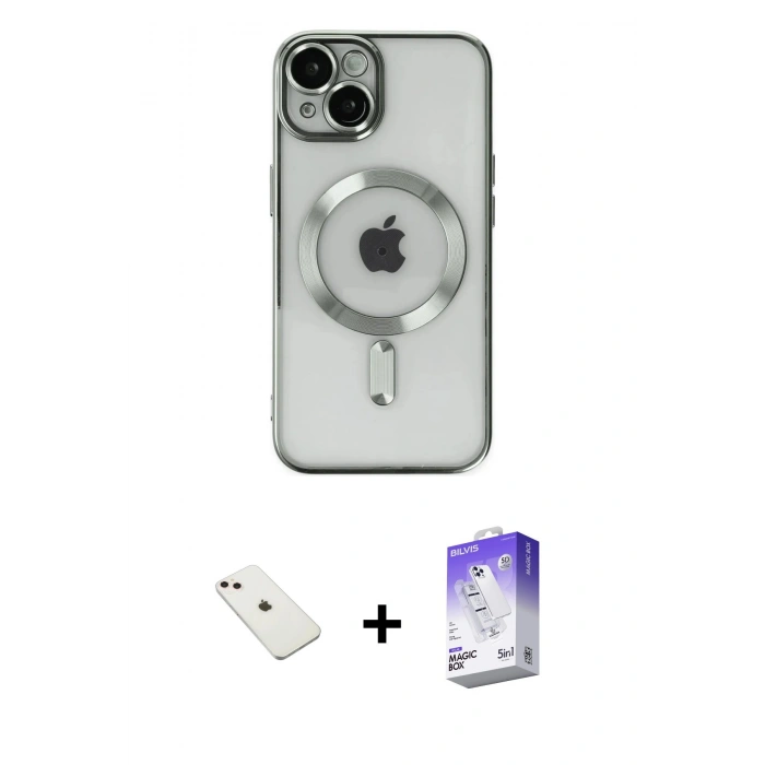 MARSİLYAN™- iPhone 14 Kılıf Nova Işık Özel Seri - Siyah Bilvis 5in1 3D Magic Cam Ekran Koruyucu + Diamond Kamera Lens - PE