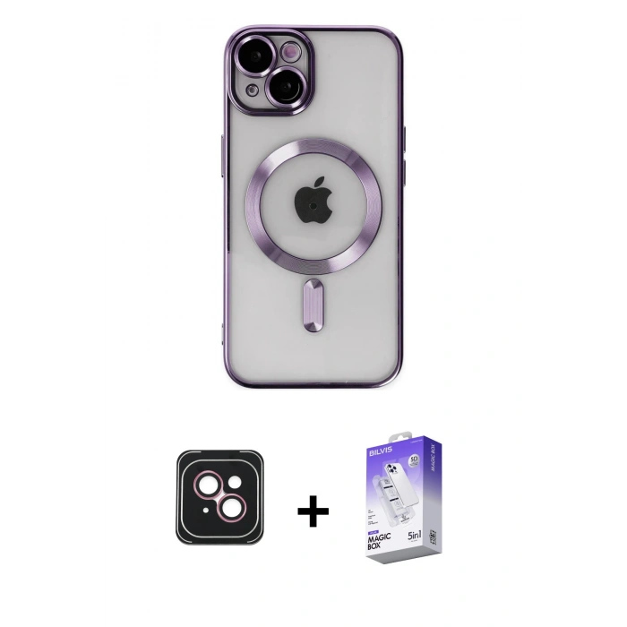 MARSİLYAN™- iPhone 14 Kılıf Nova Işık Özel Seri - Siyah Bilvis 5in1 3D Magic Cam Ekran Koruyucu + Pembe PVD Metal Kamera Lens