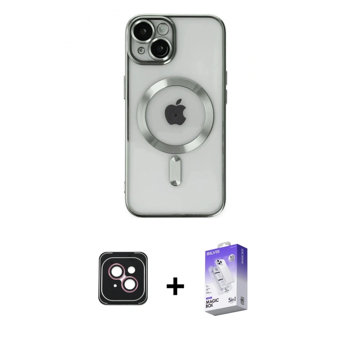 MARSİLYAN™- iPhone 14 Kılıf Nova Işık Özel Seri - Siyah Bilvis 5in1 3D Magic Cam Ekran Koruyucu + Pembe PVD Metal Kamera Lens