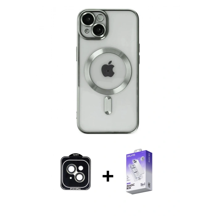 MARSİLYAN™- iPhone 14 Kılıf Nova Işık Özel Seri - Siyah Bilvis 5in1 3D Magic Cam Ekran Koruyucu + PVD Metal Kamera Lens - YL