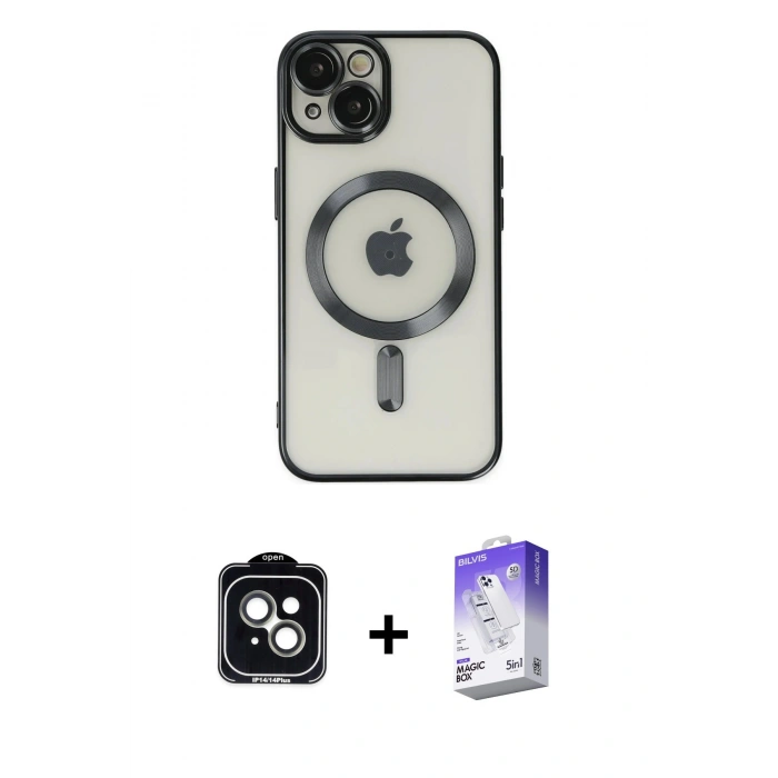 MARSİLYAN™- iPhone 14 Kılıf Nova Işık Özel Seri - Siyah Bilvis 5in1 3D Magic Cam Ekran Koruyucu + PVD Metal Kamera Lens - YL
