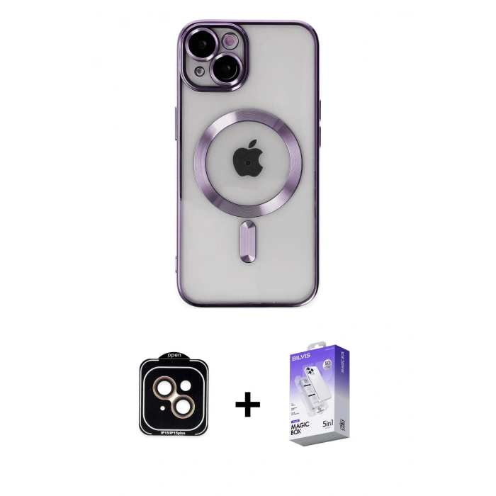 MARSİLYAN™- iPhone 14 Kılıf Nova Işık Özel Seri - Siyah Bilvis 5in1 3D Magic Cam Ekran Koruyucu + PVD Metal Kamera Lens - TU