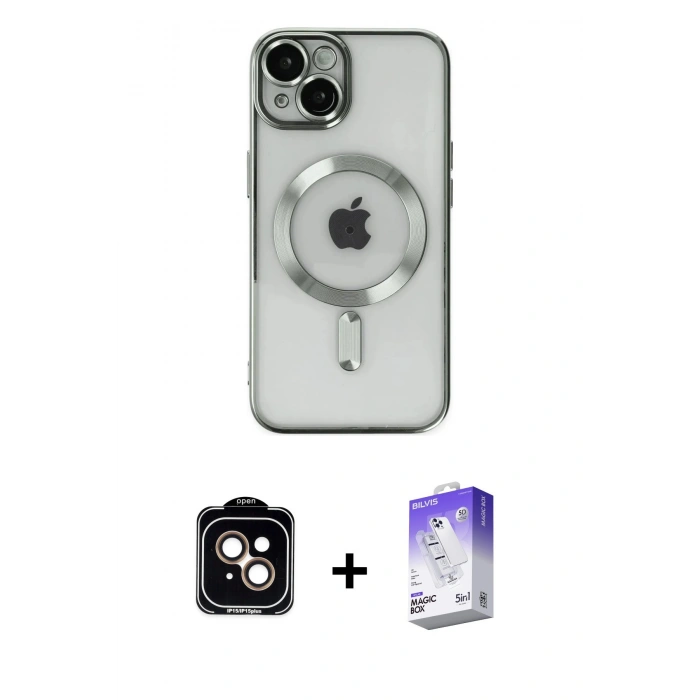 MARSİLYAN™- iPhone 14 Kılıf Nova Işık Özel Seri - Siyah Bilvis 5in1 3D Magic Cam Ekran Koruyucu + PVD Metal Kamera Lens - TU