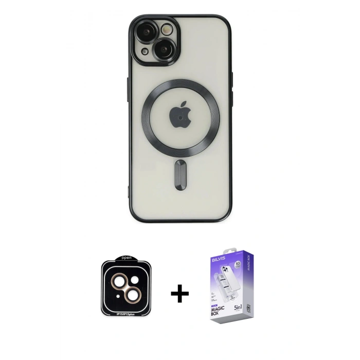 MARSİLYAN™- iPhone 14 Kılıf Nova Işık Özel Seri - Siyah Bilvis 5in1 3D Magic Cam Ekran Koruyucu + PVD Metal Kamera Lens - TU