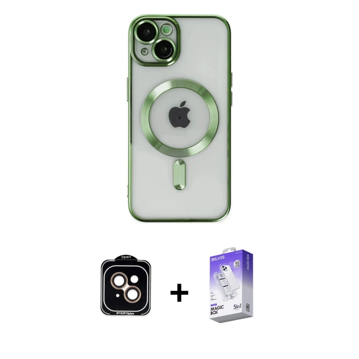 MARSİLYAN™- iPhone 14 Kılıf Nova Işık Özel Seri - Siyah Bilvis 5in1 3D Magic Cam Ekran Koruyucu + PVD Metal Kamera Lens - TU