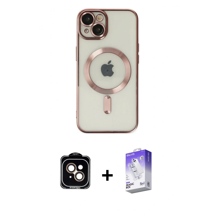 MARSİLYAN™- iPhone 14 Kılıf Nova Işık Özel Seri - Siyah Bilvis 5in1 3D Magic Cam Ekran Koruyucu + PVD Metal Kamera Lens - TU