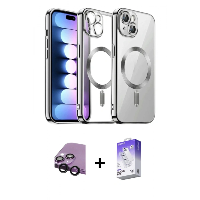 MARSİLYAN™- iPhone 14 Kılıf Nova Işık Özel Seri - Siyah Bilvis 5in1 3D Magic Cam Ekran Koruyucu + Raze Metal Kamera Lens - SH