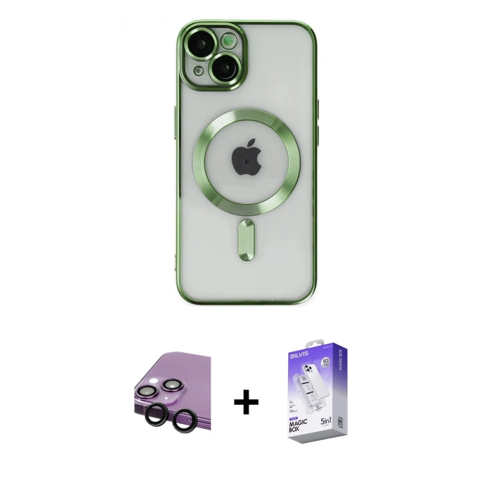 MARSİLYAN™- iPhone 14 Kılıf Nova Işık Özel Seri - Siyah Bilvis 5in1 3D Magic Cam Ekran Koruyucu + Raze Metal Kamera Lens - SH