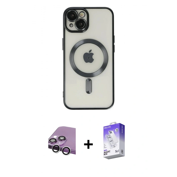 MARSİLYAN™- iPhone 14 Kılıf Nova Işık Özel Seri - Siyah Bilvis 5in1 3D Magic Cam Ekran Koruyucu + Raze Metal Kamera Lens - GS