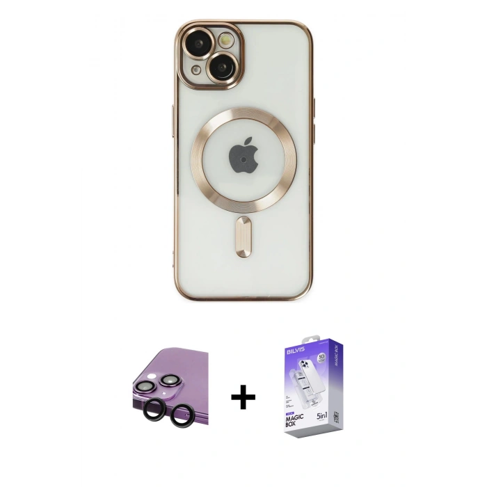 MARSİLYAN™- iPhone 14 Kılıf Nova Işık Özel Seri - Siyah Bilvis 5in1 3D Magic Cam Ekran Koruyucu + Raze Metal Kamera Lens - SH