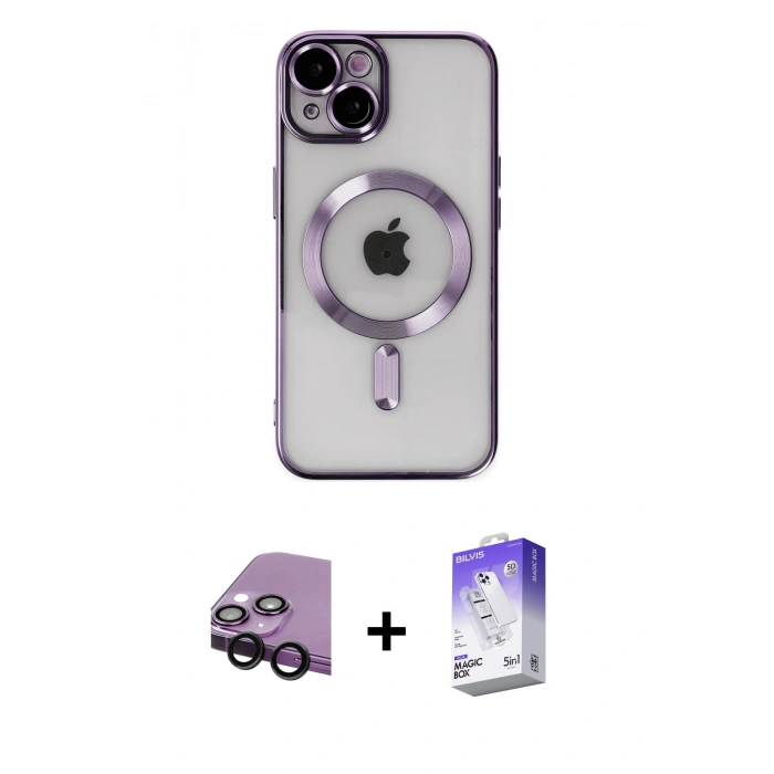 MARSİLYAN™- iPhone 14 Kılıf Nova Işık Özel Seri - Siyah Bilvis 5in1 3D Magic Cam Ekran Koruyucu + Raze Metal Kamera Lens - SH