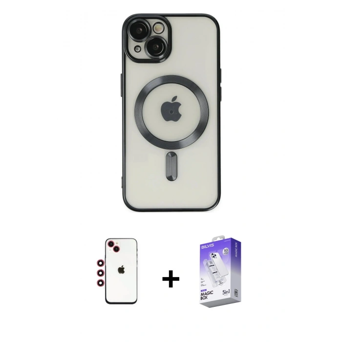 MARSİLYAN™- iPhone 14 Kılıf Nova Işık Özel Seri - Siyah Bilvis 5in1 3D Magic Cam Ekran Koruyucu + Shine Kamera Lens - KI