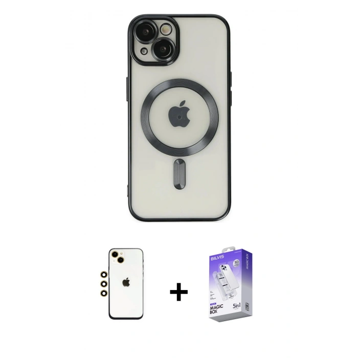 MARSİLYAN™- iPhone 14 Kılıf Nova Işık Özel Seri - Siyah Bilvis 5in1 3D Magic Cam Ekran Koruyucu + Shine Kamera Lens - GD