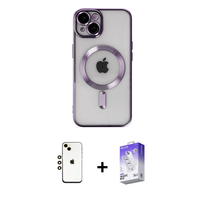 MARSİLYAN™- iPhone 14 Kılıf Nova Işık Özel Seri - Siyah Bilvis 5in1 3D Magic Cam Ekran Koruyucu + Shine Kamera Lens - GD